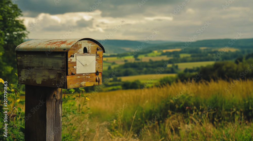 Quaint Mailbox in a Rural Setting, Awaiting the Delivery of Newspapers, Letters, and Parcels, Framed by a Scenic Countryside View in the Background