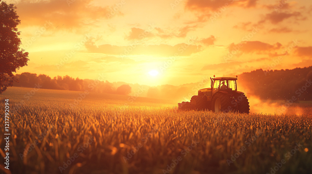 Fototapeta premium silhouette of a tractor driving through field at sunset