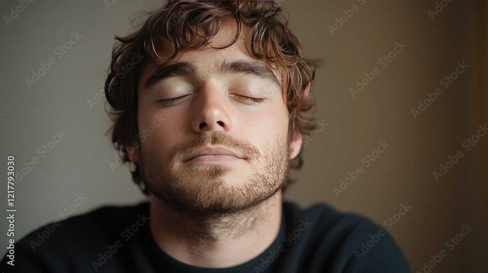 Naklejka premium Peaceful Young Man with Eyes Closed Relaxing in Natural Light