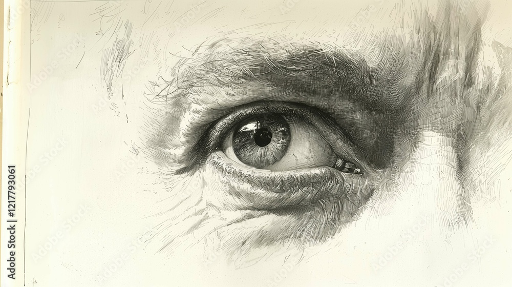Obraz premium Hand-drawn eye of an old man, capturing wisdom, wrinkles, and detailed texture, expressive and realistic