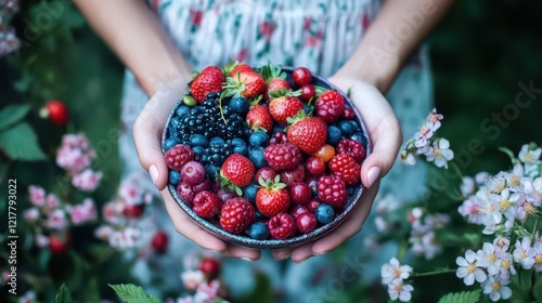 Woman holding bowl of fresh mixed berries outdoors