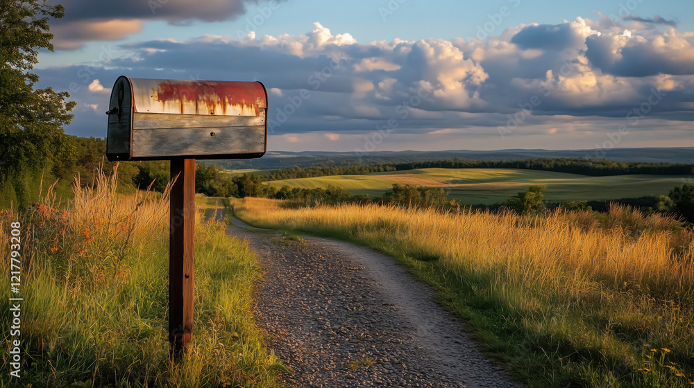 Quaint Mailbox in a Rural Setting, Awaiting the Delivery of Newspapers, Letters, and Parcels, Framed by a Scenic Countryside View in the Background Quaint Mailbox in a Rural Setting, Awaiting the Delivery of Newspapers, Letters, and Parcels, Framed by a Scenic Countryside View in the Background
