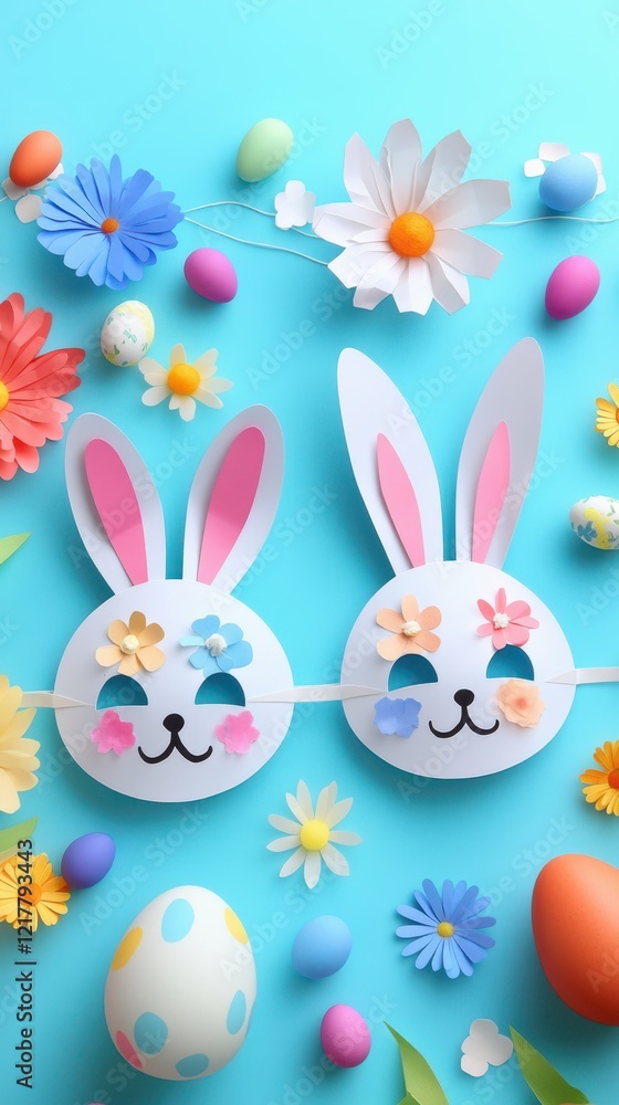 Obraz premium Two paper bunnies with ears and flowers on a blue background celebrate Easter's festive spirit.