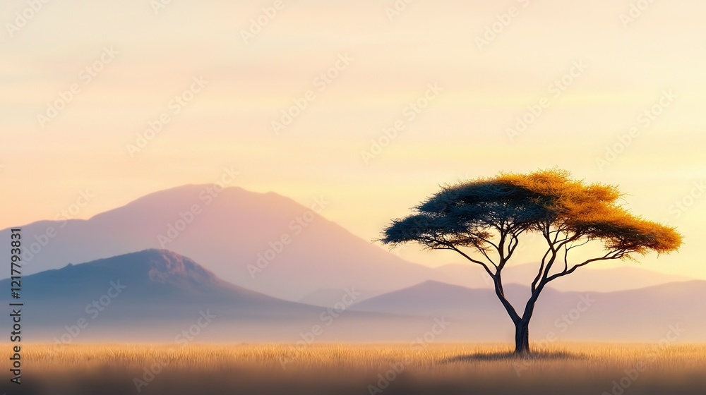 A solitary tree stands tall amidst an open field, with a majestic mountain rising in the distant background A solitary tree stands tall amidst an open field, with a majestic mountain rising in the distant background