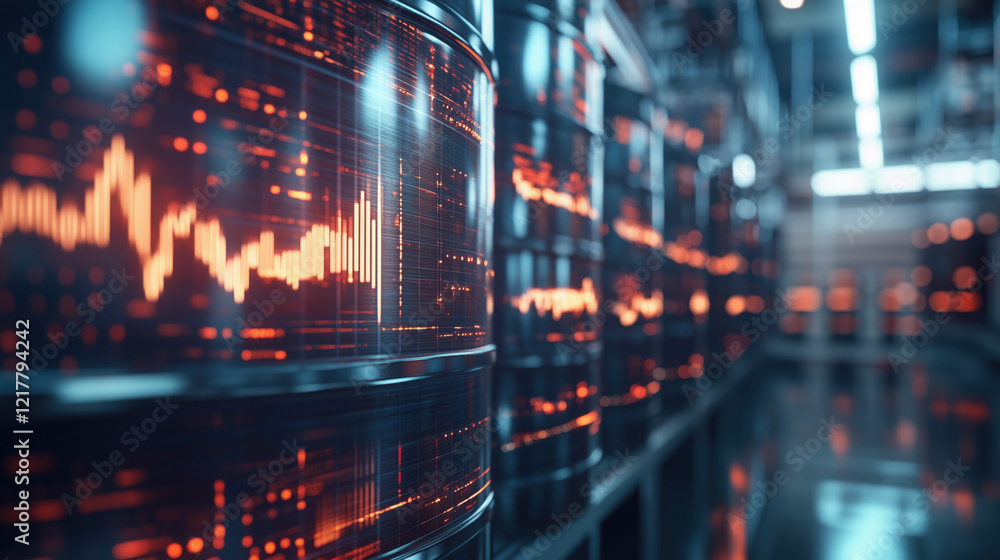 Row of Gasoline Barrels Stacked in a Warehouse with a Blurred Background of a Fluctuating Oil Price Graph, Highlighting the Volatility in the Global Energy Market Row of Gasoline Barrels Stacked in a Warehouse with a Blurred Background of a Fluctuating Oil Price Graph, Highlighting the Volatility in the Global Energy Market
