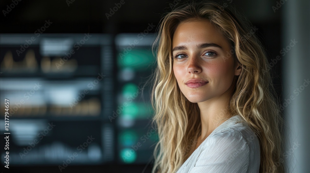 Fototapeta premium Confident Young Professional Woman in Modern Office Setting with Digital Screens