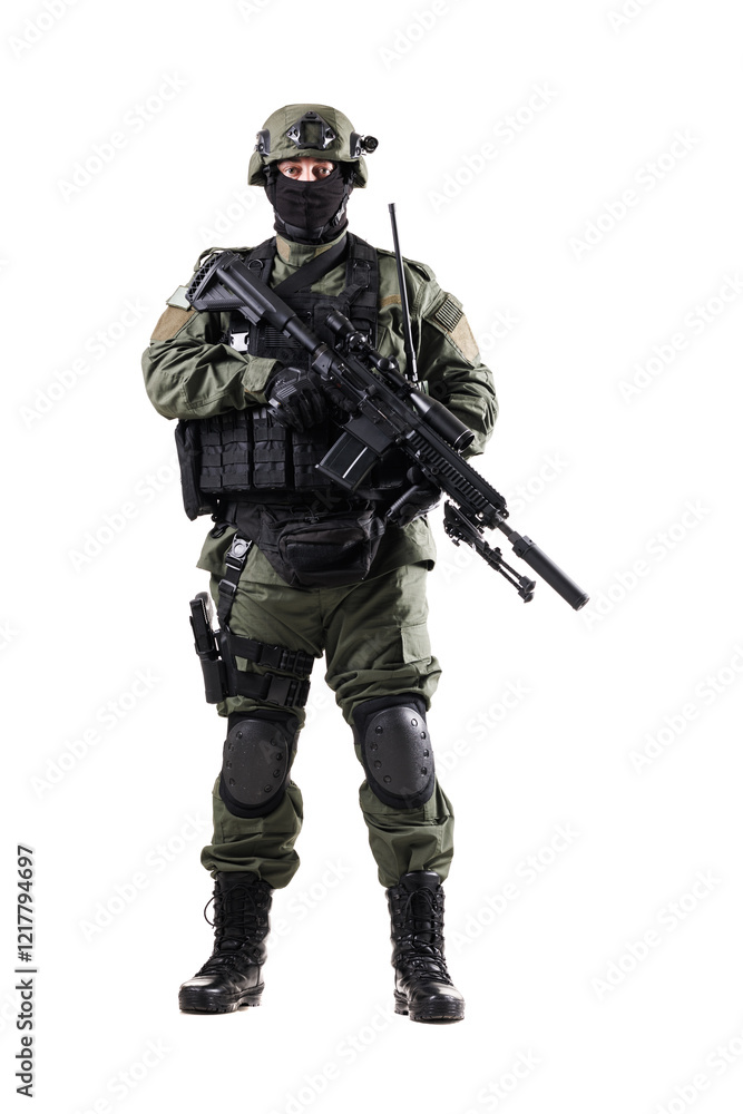 Full-body portrait of a soldier in combat uniform with rifle on white background Full-body portrait of a soldier in combat uniform with rifle on white background