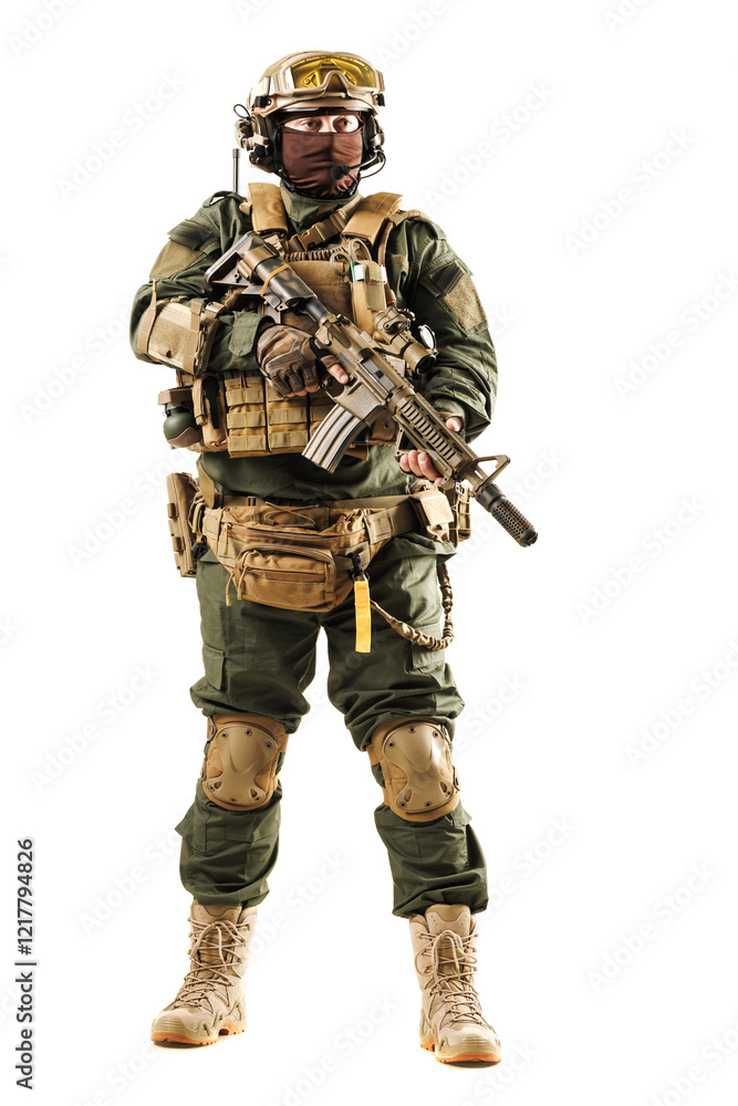 Military soldier in advanced tactical gear holding rifle in action-ready stance Military soldier in advanced tactical gear holding rifle in action-ready stance