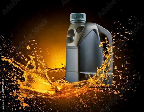 Realistic car engine motor oil bottle with liquid splash