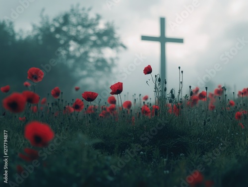 Serene Field of Poppies with Cross in Background photo