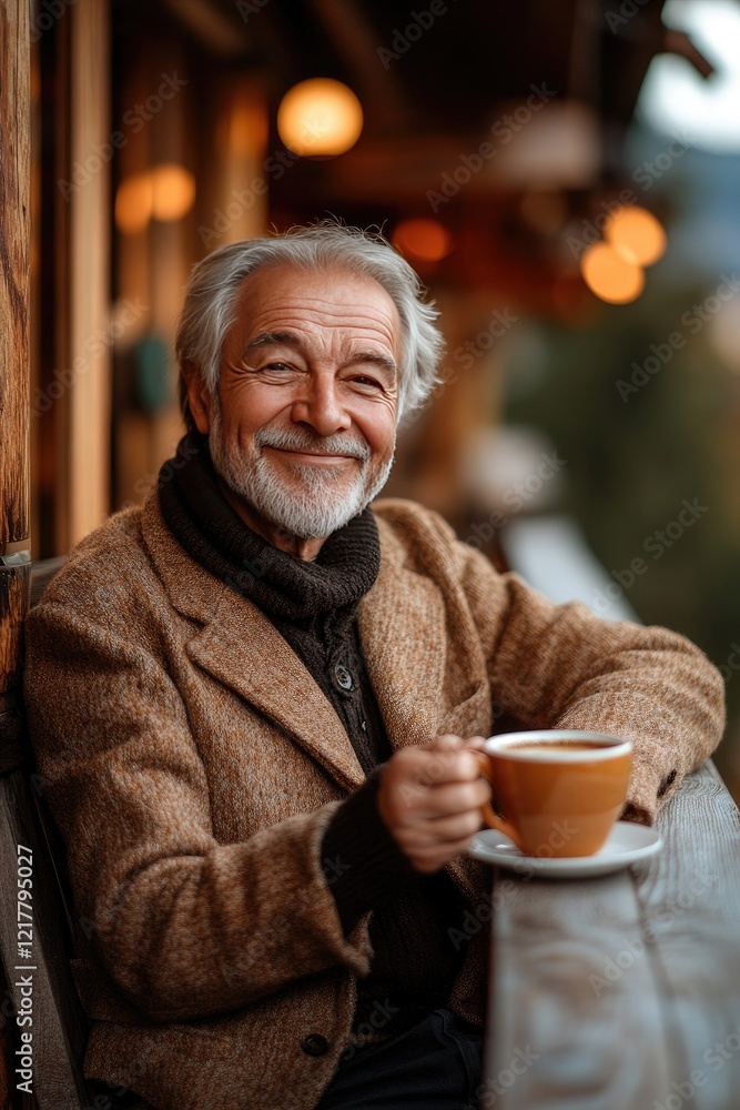 Elderly Man Enjoying a Warm Drink on a Cozy Wooden Porch in Autumn Elderly Man Enjoying a Warm Drink on a Cozy Wooden Porch in Autumn