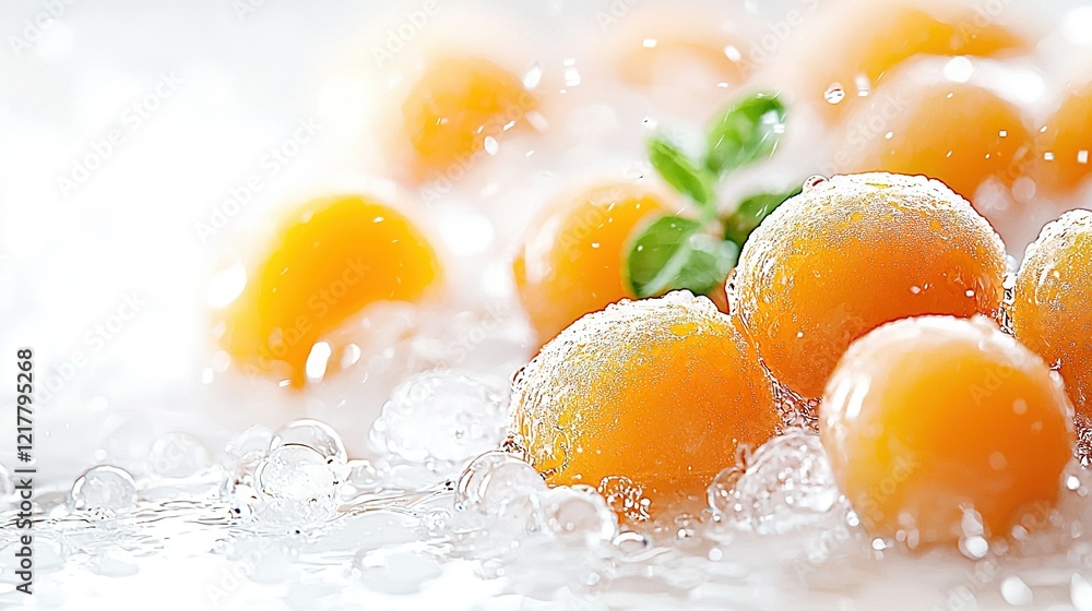 Group of oranges on water-covered table with green leaf on one orange Group of oranges on water-covered table with green leaf on one orange