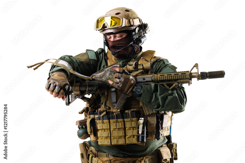 Army tactical operator in full combat gear performing a readiness check Army tactical operator in full combat gear performing a readiness check