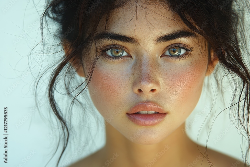 A close-up portrait of a young woman with striking features and natural beauty. A close-up portrait of a young woman with striking features and natural beauty.