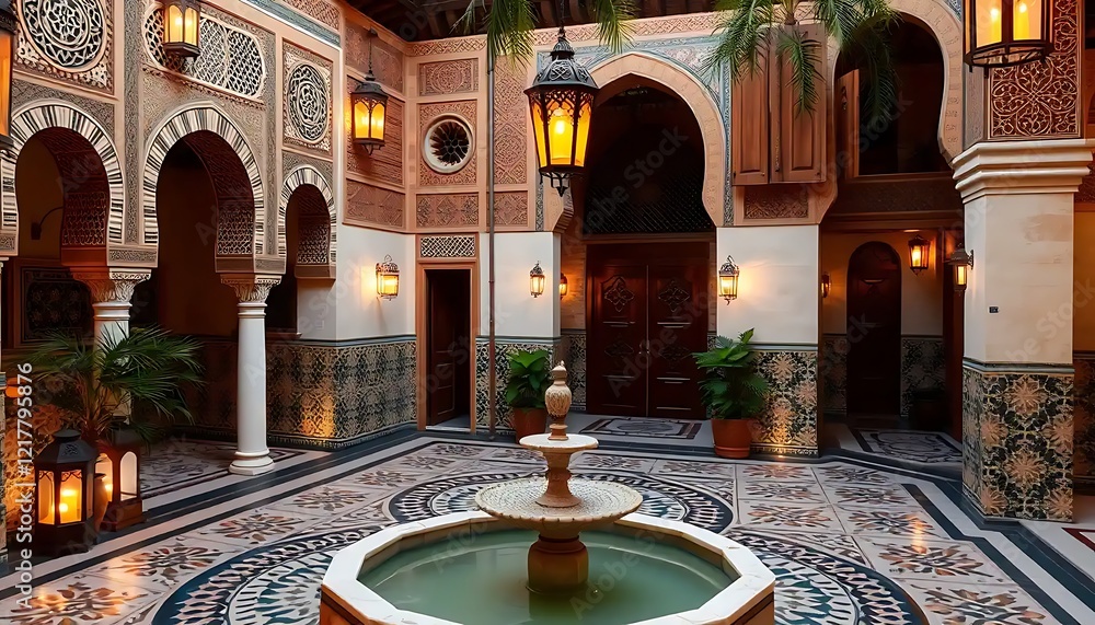 Obraz premium Elegant Courtyard With Intricate Moorish Architecture And Fountain