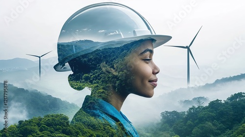A woman wearing a hard hat is looking at the camera. Double exposure