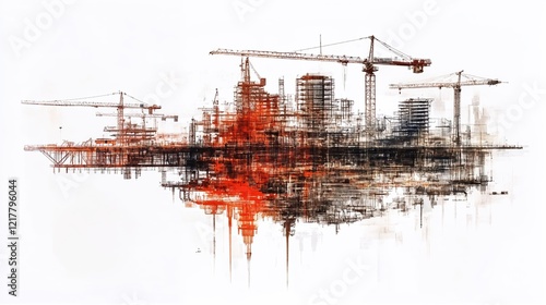 A city skyline with a red and orange reflection in the water. Double exposure
