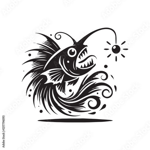 Black Color Anglerfish silhouette design Vector Illustration, Solid White Background (6).eps