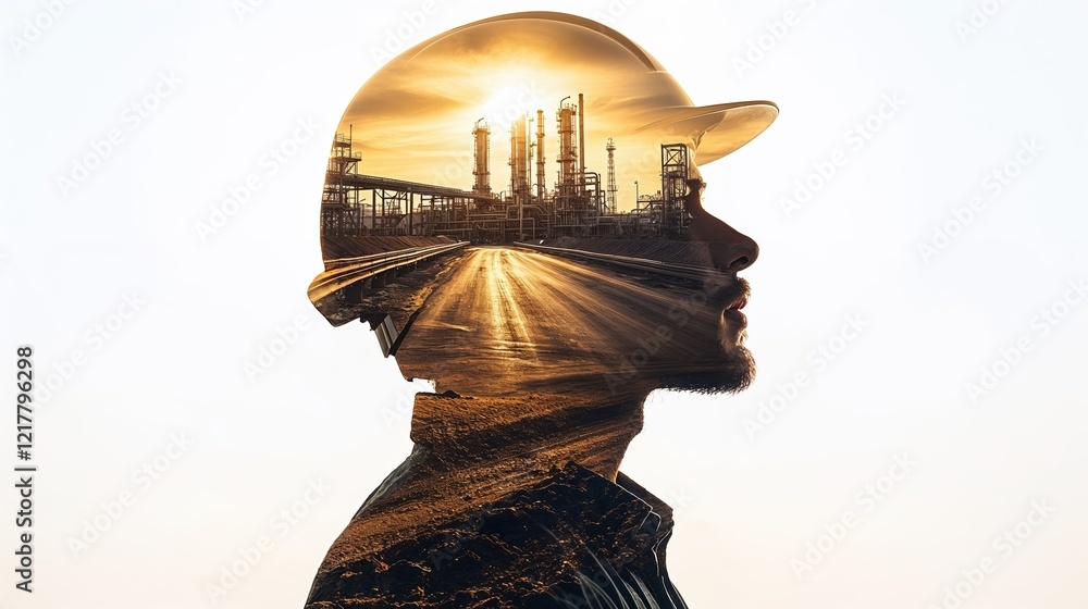 A man's head is shown in a painting of a city. Double exposure A man's head is shown in a painting of a city. Double exposure