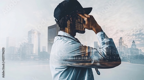 A man wearing a hat and a white shirt is looking at a cell phone. Double exposure