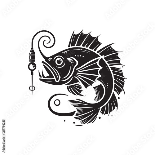 Black Color Anglerfish silhouette design Vector Illustration, Solid White Background (10).eps