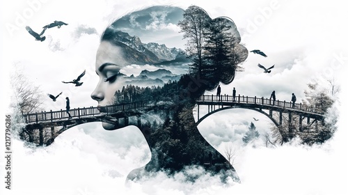A woman's face is shown in a painting with a bridge in the background. Double exposure