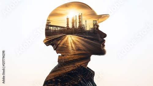 A man's head is shown in a painting of a city. Double exposure
