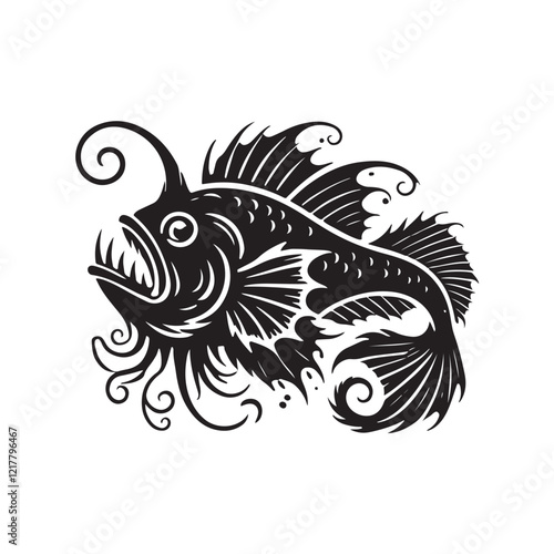 Black Color Anglerfish silhouette design Vector Illustration, Solid White Background (11).eps