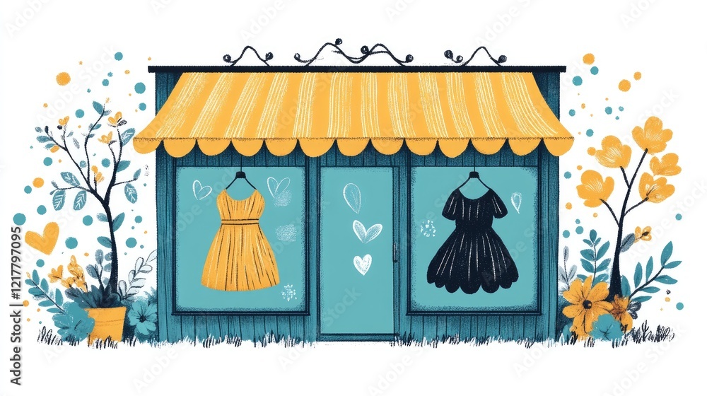 Obraz premium Charming Boutique Display: Yellow and Black Dresses on Illustrated Storefront