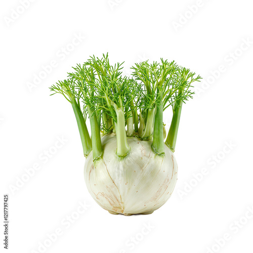 Fresh fennel bulbs with green fronds on white backdrop photo