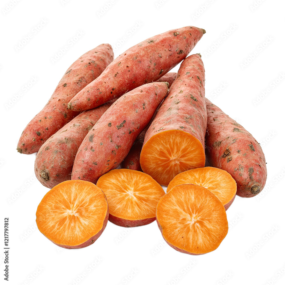 Fresh sweet potatoes on white background vibrant orange hue and smooth rounded shapes Fresh sweet potatoes on white background vibrant orange hue and smooth rounded shapes