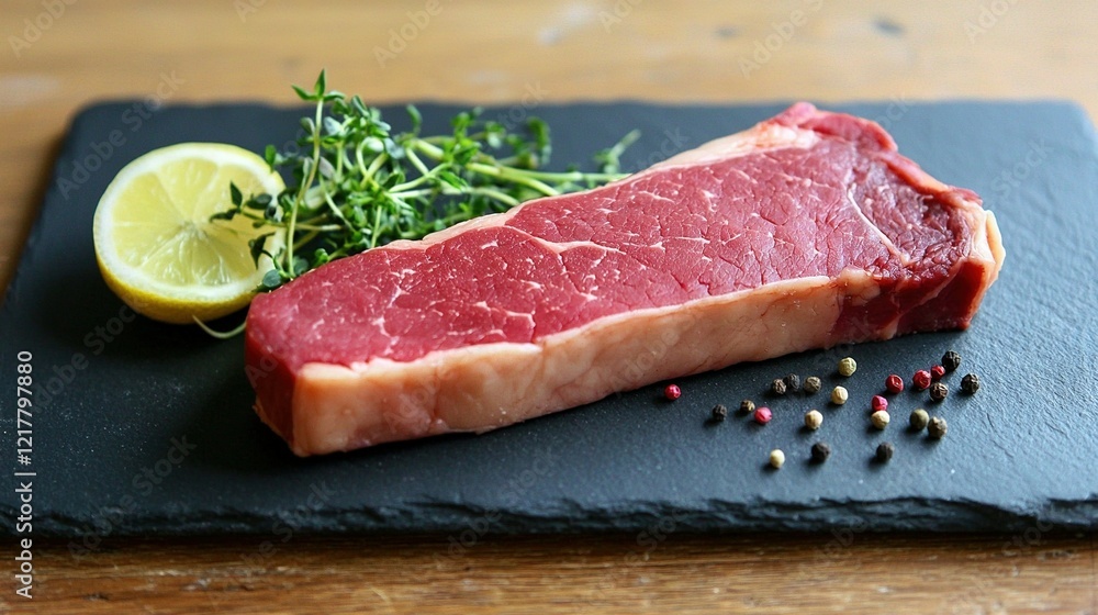 A slab of meat rests on a cutting board alongside a wedge of lemon and a sprig of parsley A slab of meat rests on a cutting board alongside a wedge of lemon and a sprig of parsley