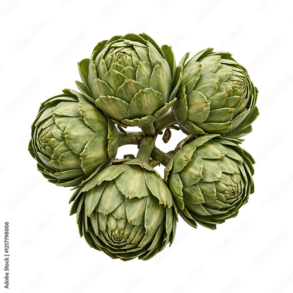 Obraz premium Fresh artichokes with layered green leaves on white background