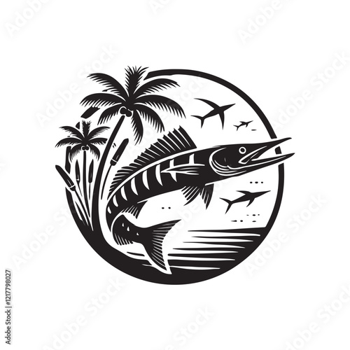 Black Color Barracuda silhouette design Vector Illustration, Solid White Background (2).eps
