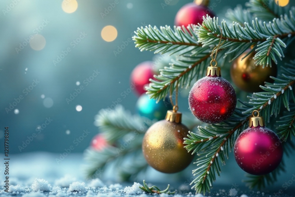 Obraz premium Frosted pine branch with colorful Christmas ornaments, frosty, ornaments