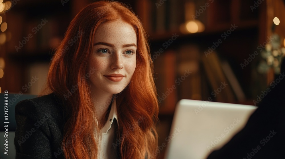 Businesswoman in Red with Intense Focus Businesswoman in Red with Intense Focus