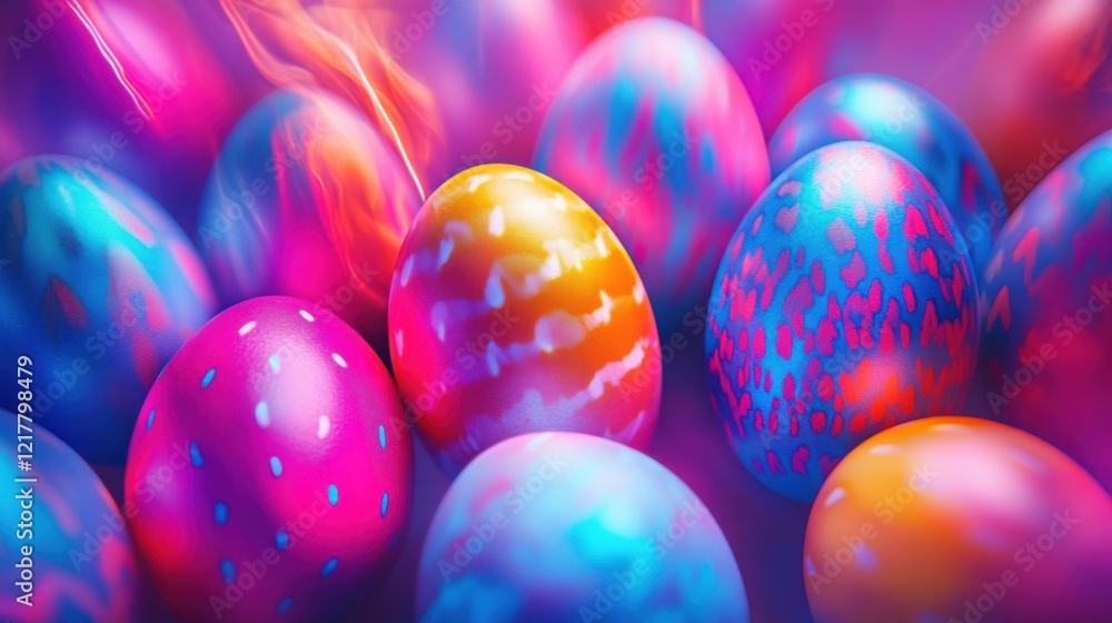 Colorful display of vibrant eggs arranged in a playful pattern at a festive event during spring season Colorful display of vibrant eggs arranged in a playful pattern at a festive event during spring season