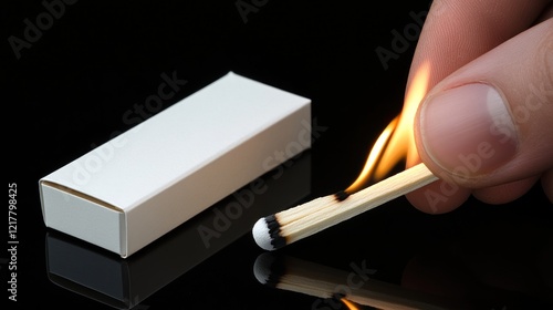 A hand striking a match against a matchbox, igniting a flame. photo