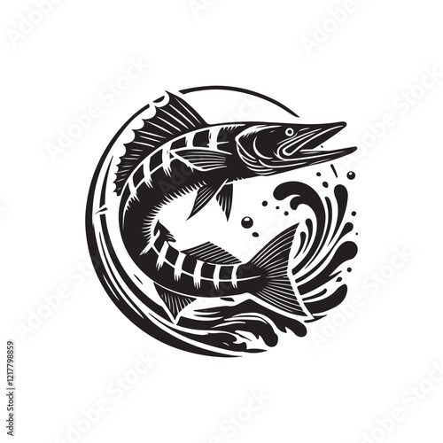 Black Color Barracuda silhouette design Vector Illustration, Solid White Background (9).eps