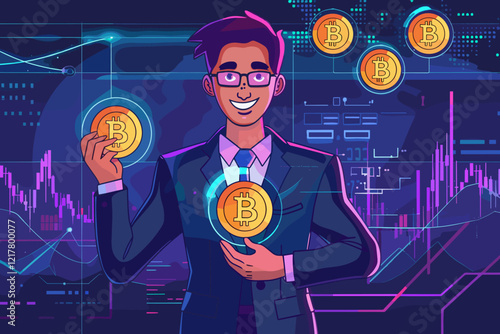 Businessman Holding Bitcoin and Blockchain Network Icons on Secure Digital Background