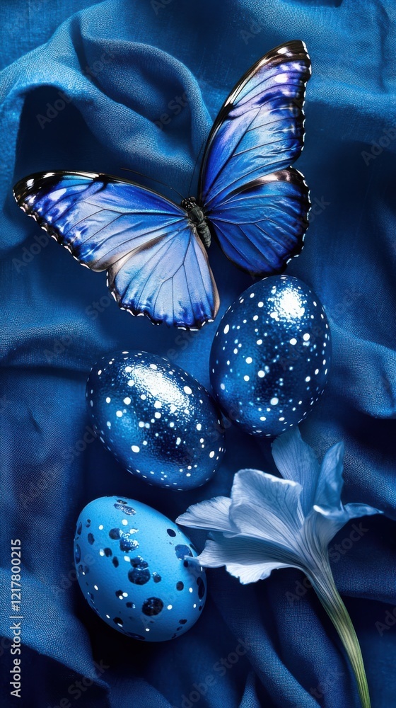 Fototapeta premium Elegant Easter composition with artisanal decorated eggs and fresh spring flowers on a trendy background. Perfect for social media marketing and business.