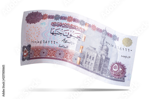 Egyptian Banknotes Flying on a White Background, 50 Pounds, Financial and Economic Concept