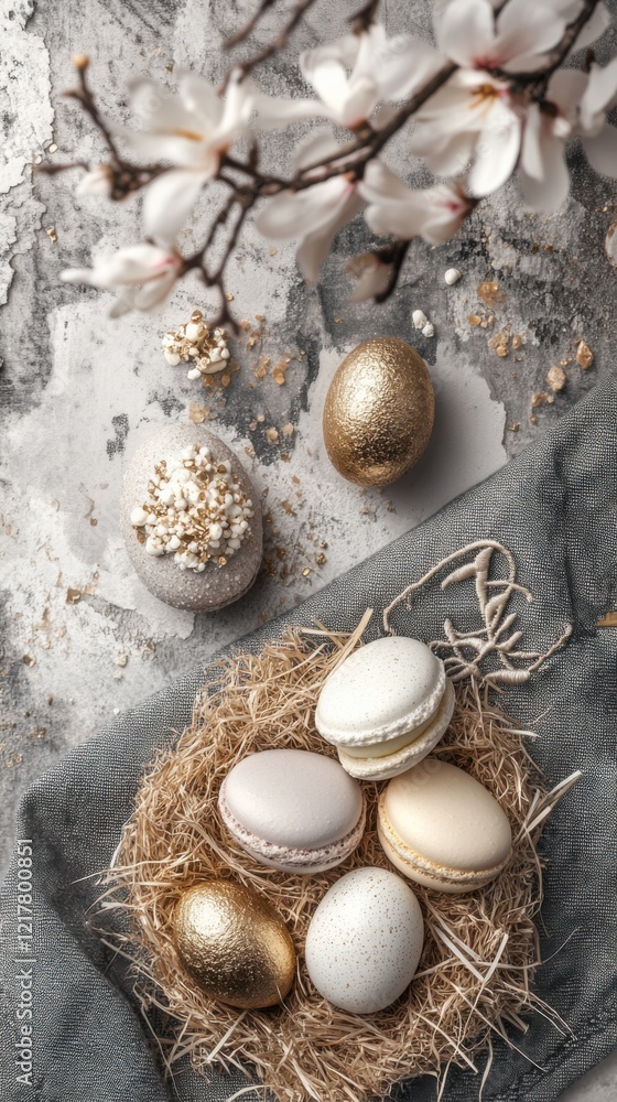 Obraz premium Festive Easter arrangement with collectible decorative eggs and seasonal flowers on an exquisite background. Ideal template for professional social media marketing.