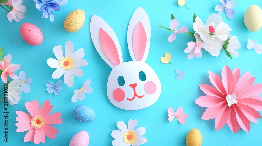A colorful paper bunny mask is beautifully arranged with vibrant flowers and decorative eggs for Easter celebrations. A colorful paper bunny mask is beautifully arranged with vibrant flowers and decorative eggs for Easter celebrations.