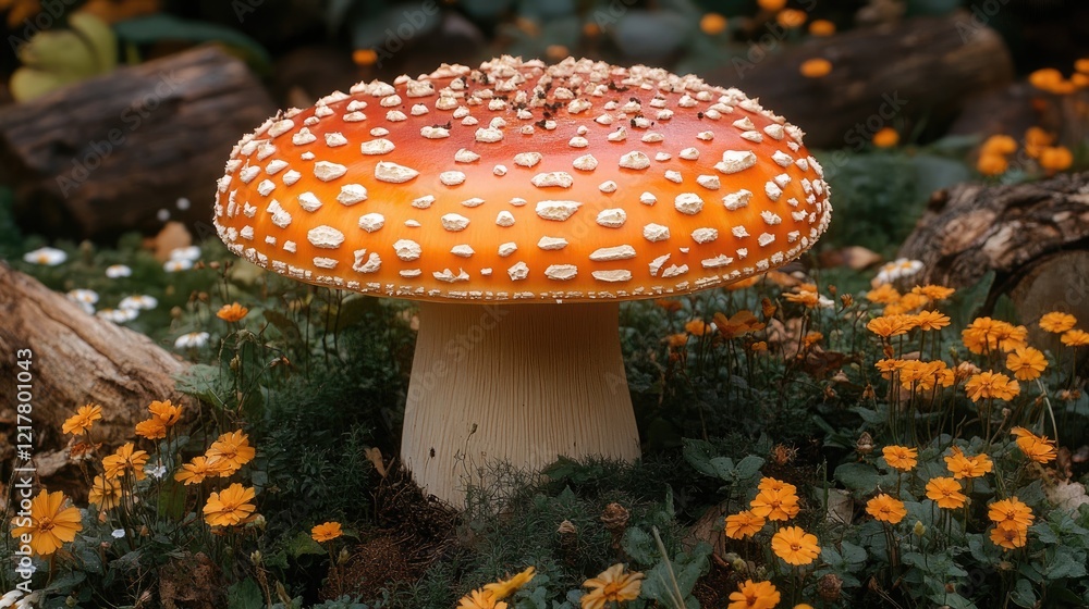 Fototapeta premium Colorful Mushroom Amidst Bright Flowers Generative AI