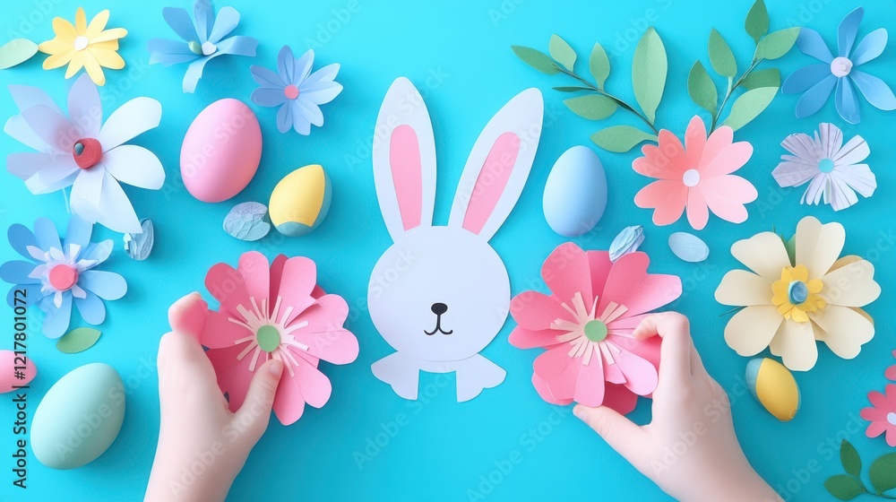 Obraz premium A creative craft project featuring a bunny made from colorful paper flowers and decorative eggs for Easter celebrations.