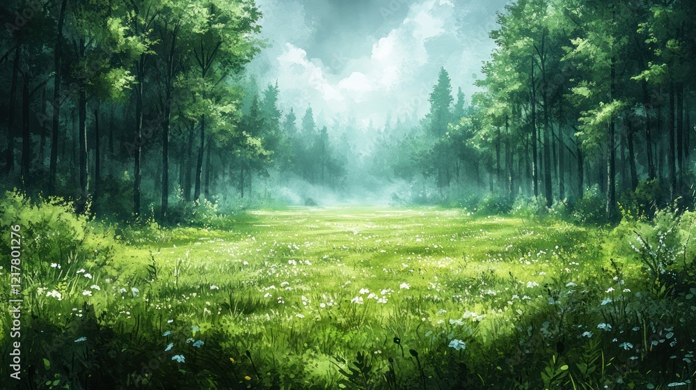 Sunlit forest clearing, misty background, idyllic landscape, game background Sunlit forest clearing, misty background, idyllic landscape, game background