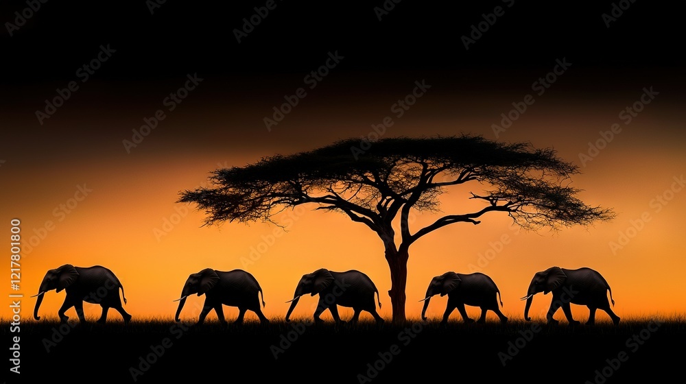 A group of elephants strolls in front of a tree with the sun setting behind them A group of elephants strolls in front of a tree with the sun setting behind them