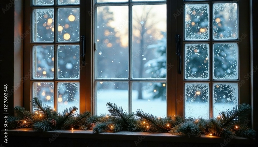 Frosted windows with festive decorations and evergreen branches, scene, windows Frosted windows with festive decorations and evergreen branches, scene, windows
