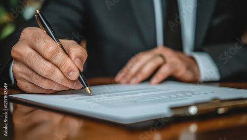 A businessman in a suit sitting at a table and signing a contract with a pen, with the focus on the hand holding the pen Generative AI